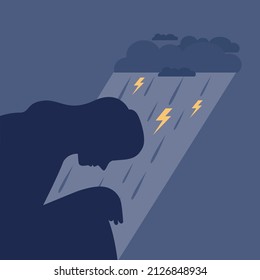 Depression concept. Mental disorder, feeling of despair and helplessness. Cloud and rain as negative emotions and suffer. Flat vector illustration