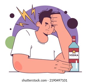 Depression concept. Mental disorder, feeling of despair and helplessness. Depressive alcoholism, alcohol addiction.Angry man sitting with a bottle of vodka. Flat vector illustration