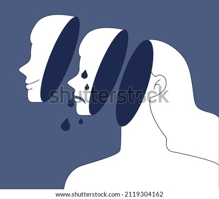 Depression concept. Mental disorder, feeling of despair and helplessness. Negative emotions and suffer behind character smiley face. Flat vector illustration