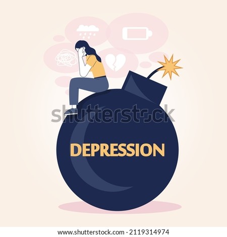 Depression concept. Mental disorder, feeling of despair and helplessness. Bomb as negative emotions and suffer. Self-destructive behavior. Flat vector illustration