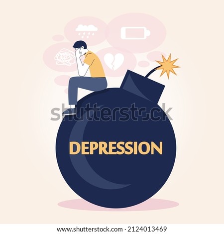 Depression concept. Mental disorder, feeling of despair and helplessness. Bomb as negative emotions and suffer. Self-destructive behavior. Flat vector illustration