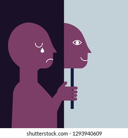 Depression concept, sad depressed man covering face with mask, vector illustration