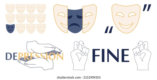 Concepto de depresión establecido. Trastorno mental, sensación de desesperación e impotencia. Las emociones negativas y el sufrimiento como grito con una pelota en prisión. Ilustración vectorial plana