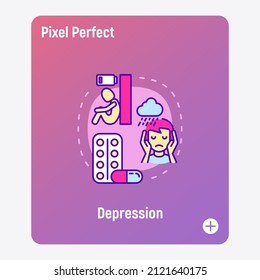 Depression concept with thin line icons, working fatigue, loneliness, scared man. Mental disease. Vector illustration.