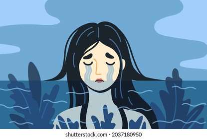 Concepto de depresión. Mujer llorando descontenta ahogándose en el mar de lágrimas. Ilustración de vectores dibujada a mano