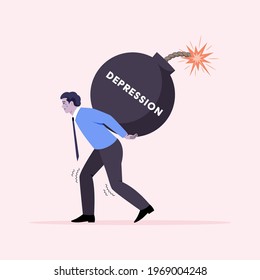Depression concept. Young man carrying depression bomb on its back, flat vector character.