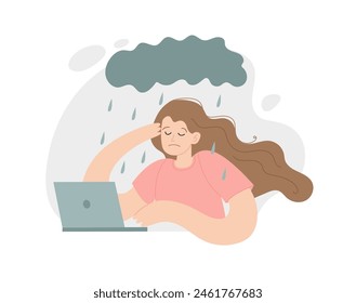 Depression concept. Young sad and tired woman with raining cloud over her head. Vector illustration in simple style