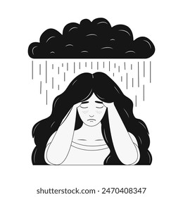 Concepto de depresión. Joven mujer triste y cansada con una nube de lluvia sobre su cabeza. Ilustración vectorial en estilo doodle