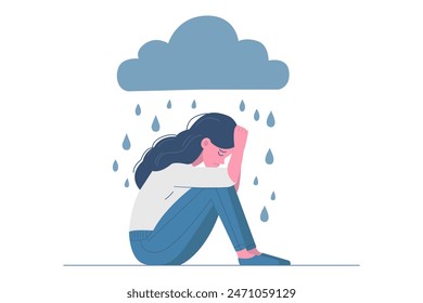 Concepto de depresión. Joven triste y cansada niña molesta llorando, depresión, problemas con la psicoterapia, salud mental, con una nube de lluvia sobre su cabeza. Ilustración vectorial.