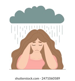 Depression concept. Young sad and tired upset girl crying, depression, problems with psychotherapy, mental health, with a rain cloud above her head. Vector illustration.