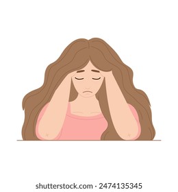 Depression concept. Young sad and tired upset girl crying, depression, problems with psychotherapy, mental health. Vector illustration.