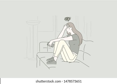 Depression concept of a young upset woman. Desperate girl frustrated by problem with work or relationships, feeling anxiety and disappointment, psychological trouble, having loneliness. Simple vector.