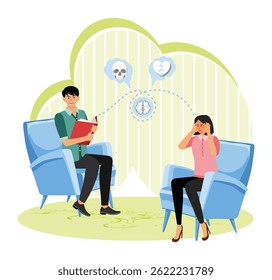Conceito de aconselhamento de depressão. Sessão de aconselhamento de saúde mental com um conselheiro e uma pessoa angustiada, mostrando apoio, terapia e expressão emocional em um ambiente calmo.