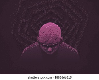 Depression and despair concept. A person is confused in life, lost in a labyrinth of thoughts. Problems and troubles. Vector illustration in flat style