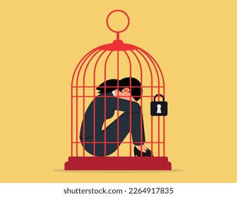 Concepto de depresión y desesperación, presión en el trabajo. La mujer de negocios está encerrada en una jaula de pájaros.