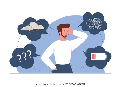 Depression disorder concept. Man experiences difficulties at work and in personal life. Employee with low level of charge, emotional burnout. Stress and panic. Cartoon flat vector illustration