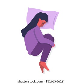 Depression disorder woman knee hugging on the bed