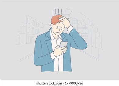 Depression, fatigue, mental stress, frustration concept. Young depressed frustrated stressful businessman clerk manager holding smartphone. Psychological problems or headache and bad news illustration