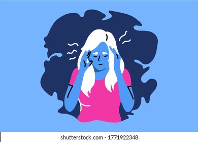 Depression, Erschöpfung, mentaler Stress, Schmerzen, Frustrationskonzept. Junge Depressionen frustrierten stressige Frauen oder Mädchen Cartoon Charakter, der Kopf hält. Müdigkeit psychologische Probleme oder Kopfschmerzen schlechte Nachricht.