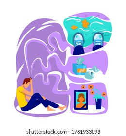 Depression flat concept vector illustration. Mental health trouble. Bad mood. Upset form grief. Distressed man 2D cartoon characters for web design. Psychological problem creative idea