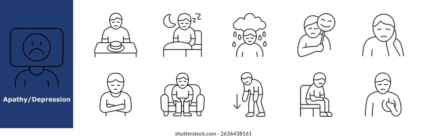 Depression flat set icon. Poor appetite, sleep trouble, sadness, crying, emotional mask, tiredness, low energy, hopelessness, fatigue, loneliness.