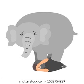 Depression flat vector concept illustration. Panic attack, anxiety metaphor. Heavy elephant standing on crying man cartoon illustration. Negative emotion, mental problem. Sorrow, frustration, stress