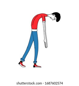 Depression. The frustrated guy walks hunched over with his head down.vector illustration isolated on a white background. for blogs, posts, social media, magazines, and websites about mental health.
