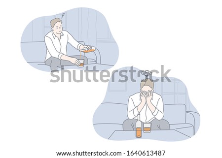 Depression, frustration, alcohol abuse, addiction, bout set concept. Young addicted frustrated man is alcohol abused and pours whiskey from bottle. Depressed and stressful boy alcoholic sits on couch.
