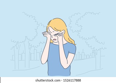 Depression, frustration and loneliness concept. Sad girl crying in park closing eyes with hands, emotionally unstable blonde woman weeping in despair outdoors. Simple flat vector