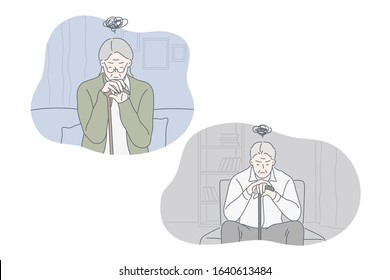 Depression, frustration, loneliness, nursing home set concept. Frustrated old man sits on armchair feels lonely. Depressed granny pensioner with cane sits on couch in nursing home. Simple flat vector