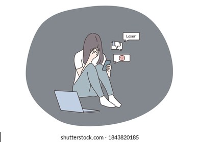 Depression, frustration, mental stress, anxiety concept. Suffering from bullying in social media network and bad news. Depressed frustrated crying woman teen student with mobile phone reading messages