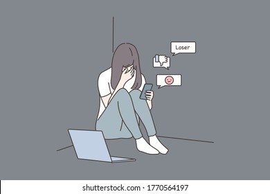 Depression, frustration, mental stress, media concept. Young derpessed frustrated woman girl teenager sitting on floor with smartphone reading messages. Suffering from cyberbullying in social network.