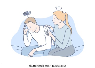 Depression, frustration, support concept. Young couple girlfriend is hugging, calming angry boyfriend. Upset frustrated woman embraces unhappy man. Depression raises stress level. Simple flat vector