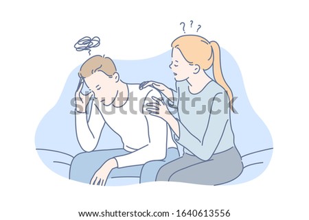 Depression, frustration, support concept. Young couple girlfriend is hugging, calming angry boyfriend. Upset frustrated woman embraces unhappy man. Depression raises stress level. Simple flat vector