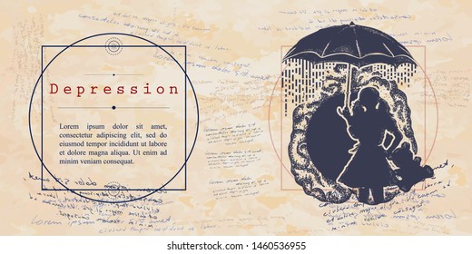 Depression.  Girl with an umbrella in the rain. Psychological vector illustration. Psychotherapy and psychiatry. Medieval medicine manuscript 