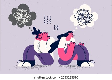 Depresión, dolor, sensación de estrés. Joven, triste y deprimida pareja, hombre y mujer sentados de vuelta a atrás, sintiéndose triste, frustrada, solitaria ilustración vectorial 