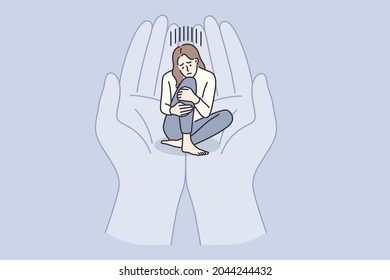 Depression, grief and support concept. Young sad depressed girl cartoon character sitting in human hands palms embracing holding her vector illustration 