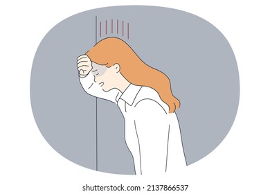 Depression grief and unhappiness concept. Young sad unhappy woman standing crying pushing face to wall feeling depressed vector illustration 