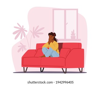 Depression, Headache Migraine, Abuse or Home Violence, Frustration Concept. Young Depressed Upset Female Character, Desperate Woman Sitting on Couch Covering Mouth Crying. Cartoon Vector Illustration