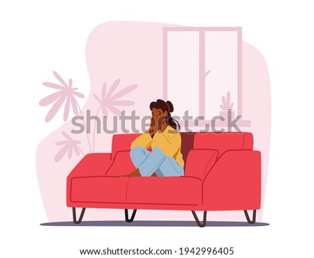 Depression, Headache Migraine, Abuse or Home Violence, Frustration Concept. Young Depressed Upset Female Character, Desperate Woman Sitting on Couch Covering Mouth Crying. Cartoon Vector Illustration