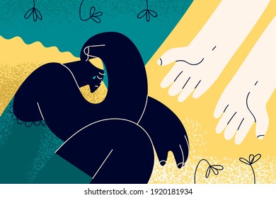 Depression, helping hand, grief concept. Someone giving hand to depressed crying unhappy woman sitting and covering head with hand vector illustration