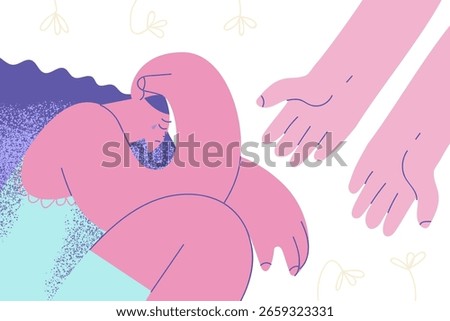 Depression, helping hand, grief concept. Someone giving hand to depressed crying unhappy woman sitting and covering head with hand vector illustration