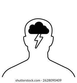 Ícone de Depressão. Cabeça com uma nuvem escura e um estilo de contorno de relâmpago. Símbolo da doença deprimida. Debate. Raiva e ansiedade, pessimismo, estresse, frustração, Triste infeliz. Ilustração vetorial