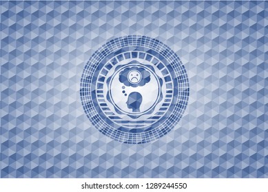 depression icon inside blue emblem or badge with abstract geometric pattern background.
