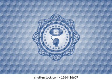 depression icon inside blue emblem or badge with abstract geometric polygonal pattern background.