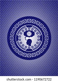 depression icon inside emblem with denim texture