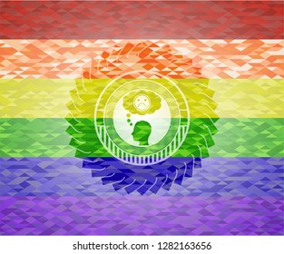 depression icon inside emblem on mosaic background with the colors of the LGBT flag