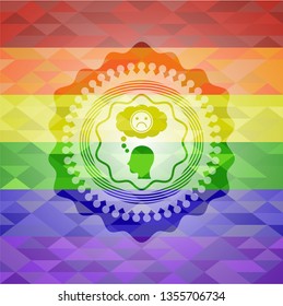 depression icon inside emblem on mosaic background with the colors of the LGBT flag