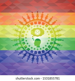 depression icon inside emblem on mosaic background with the colors of the LGBT flag