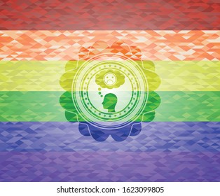 depression icon inside emblem on mosaic background with the colors of the LGBT flag